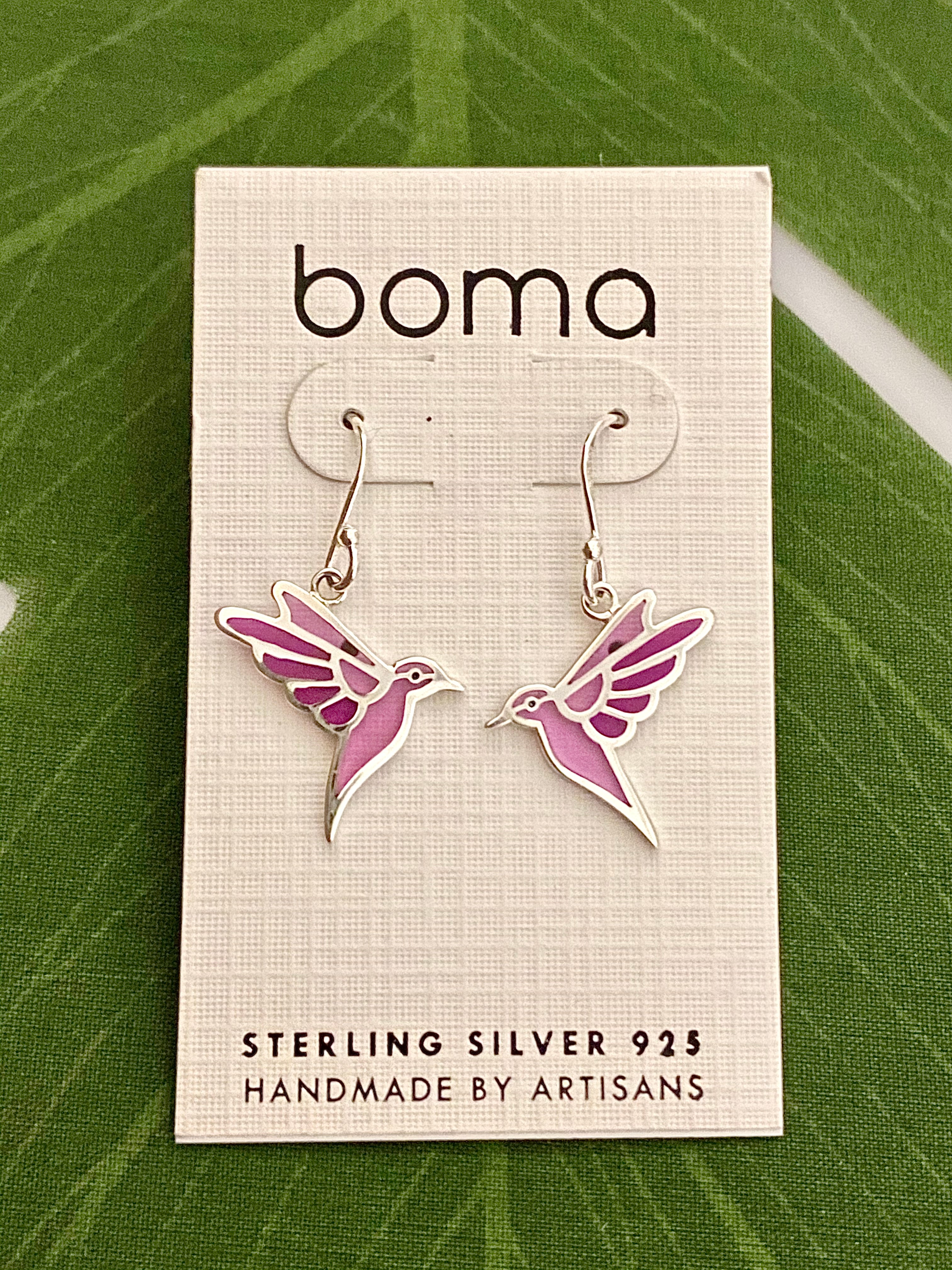 Boma Sterling Silver Earrings - Translucent Purple Hummingbirds    