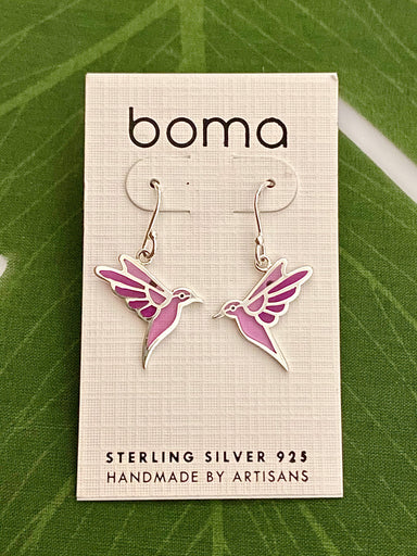 Boma Sterling Silver Earrings - Translucent Purple Hummingbirds    