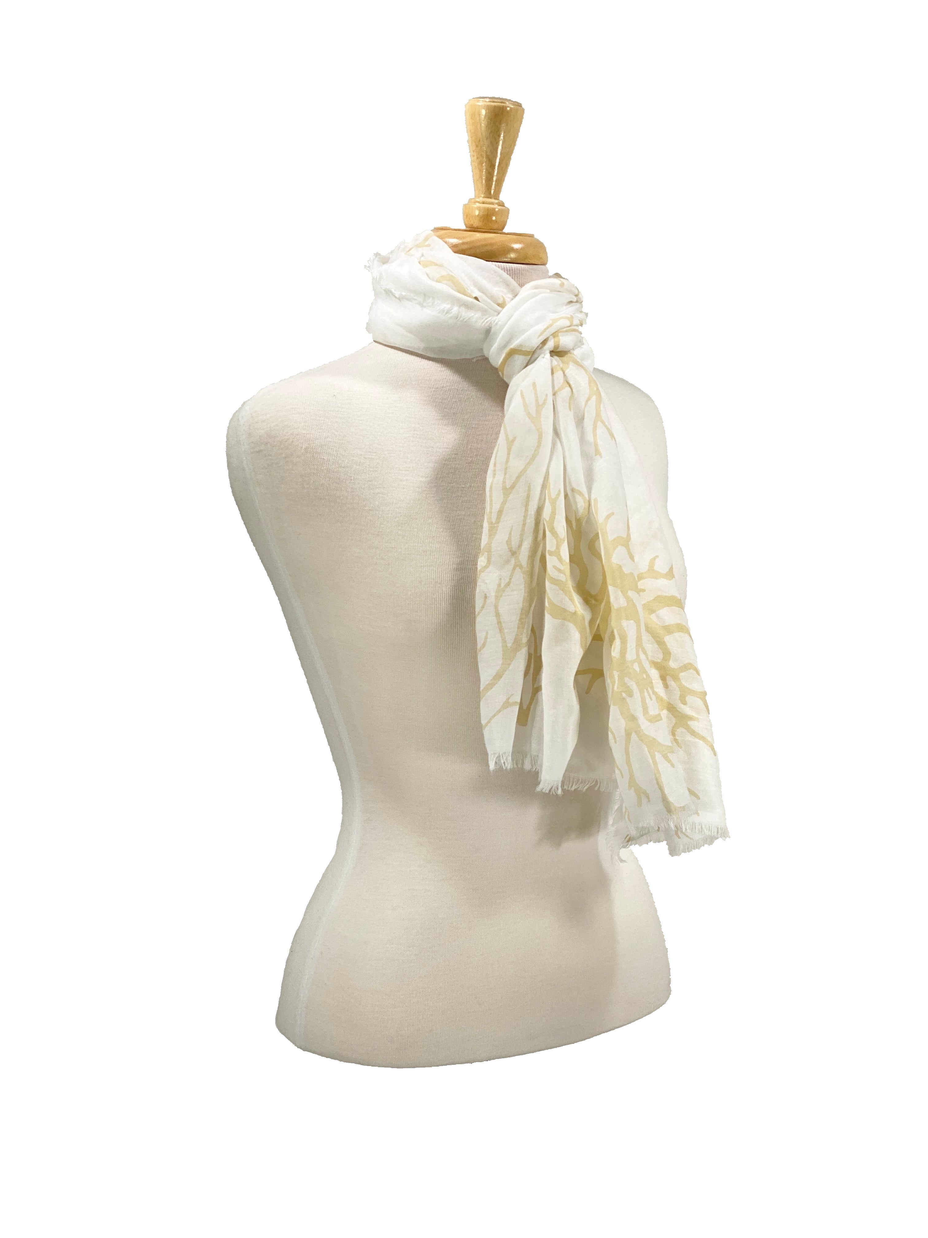 100% Cotton Scarf Tan Coral On White    