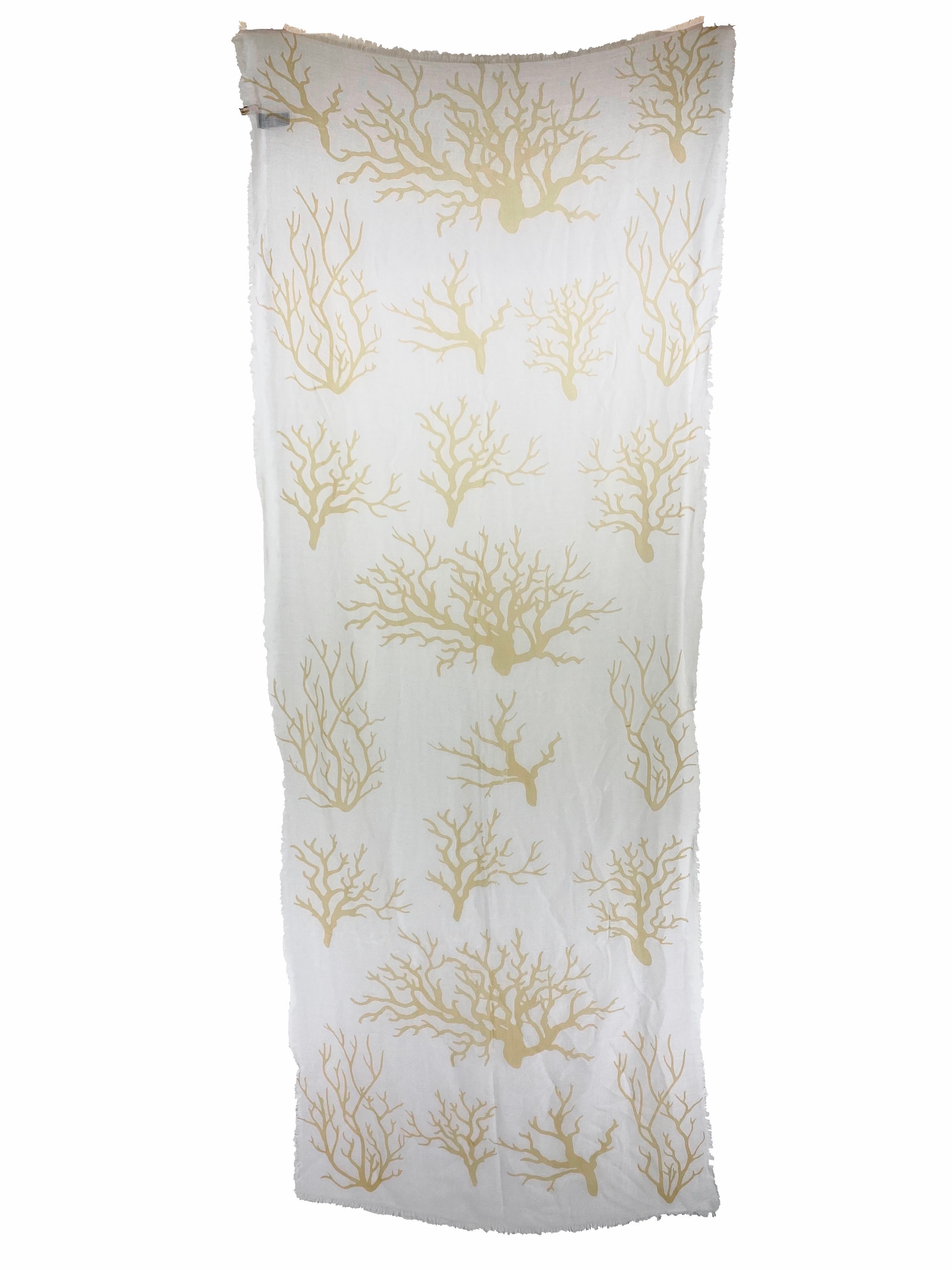 100% Cotton Scarf Tan Coral On White    