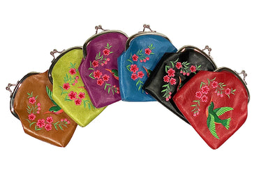 Lavishy Embroidered Hummingbird & Flower - Vegan Coin Purse    