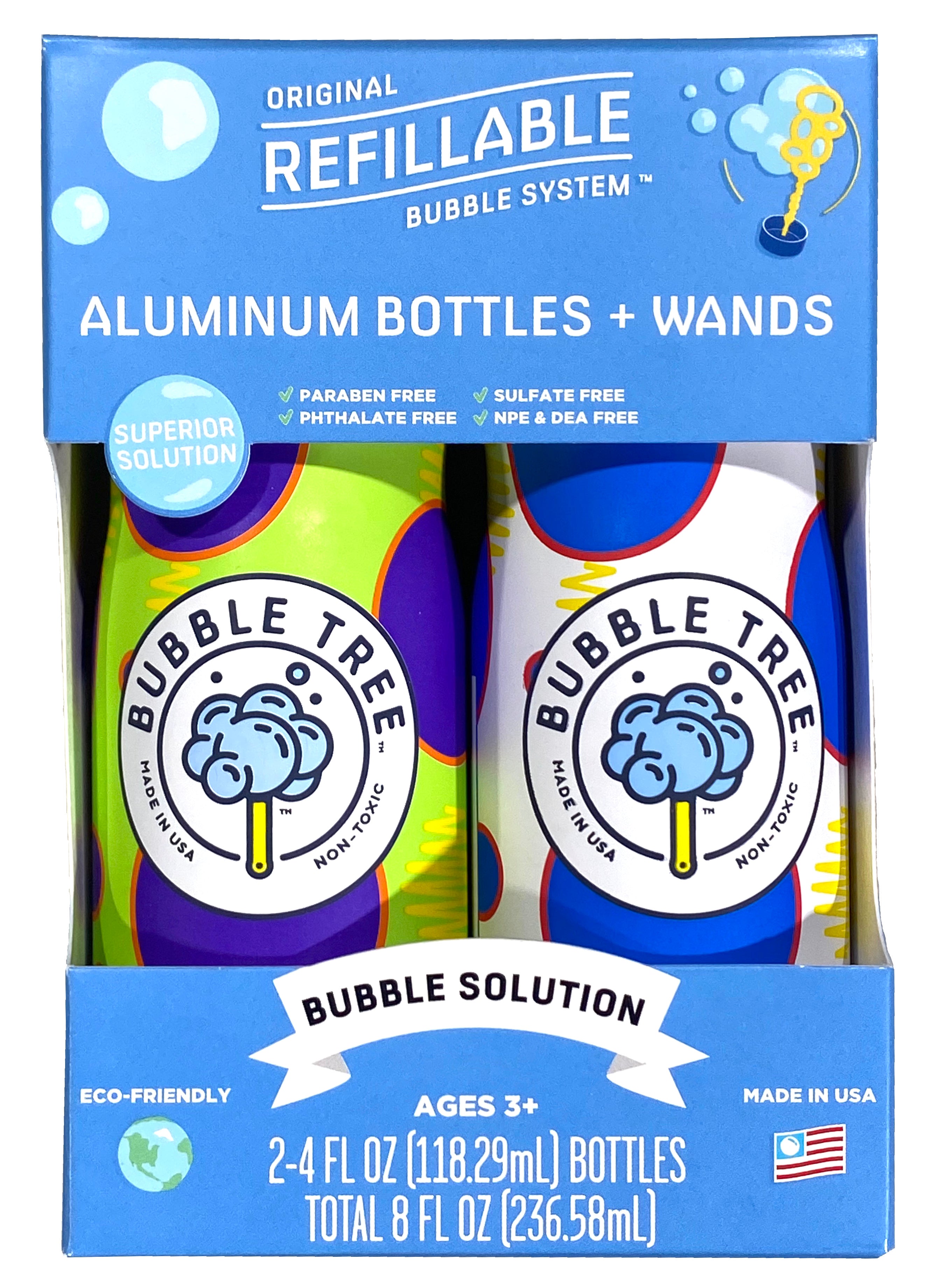 2 Aluminum Bottles & Wands - Bubble Tree Refillable Bubble System    