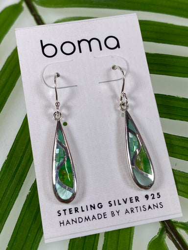 Boma Sterling Silver Earrings Long Teardrop Green Mosaic