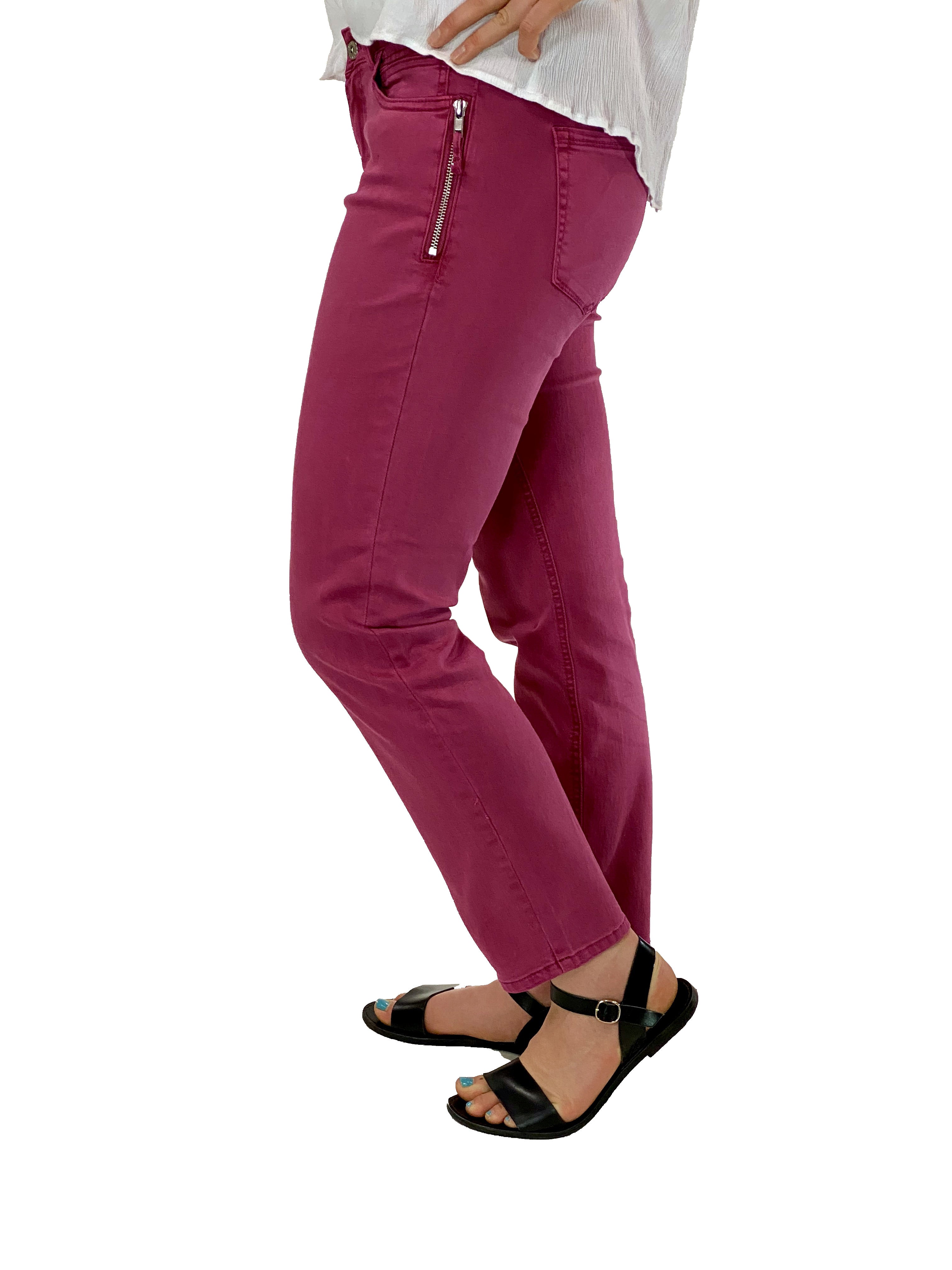 Ethyl Raspberry Pant With Hip Pocket Zipper Detail    
