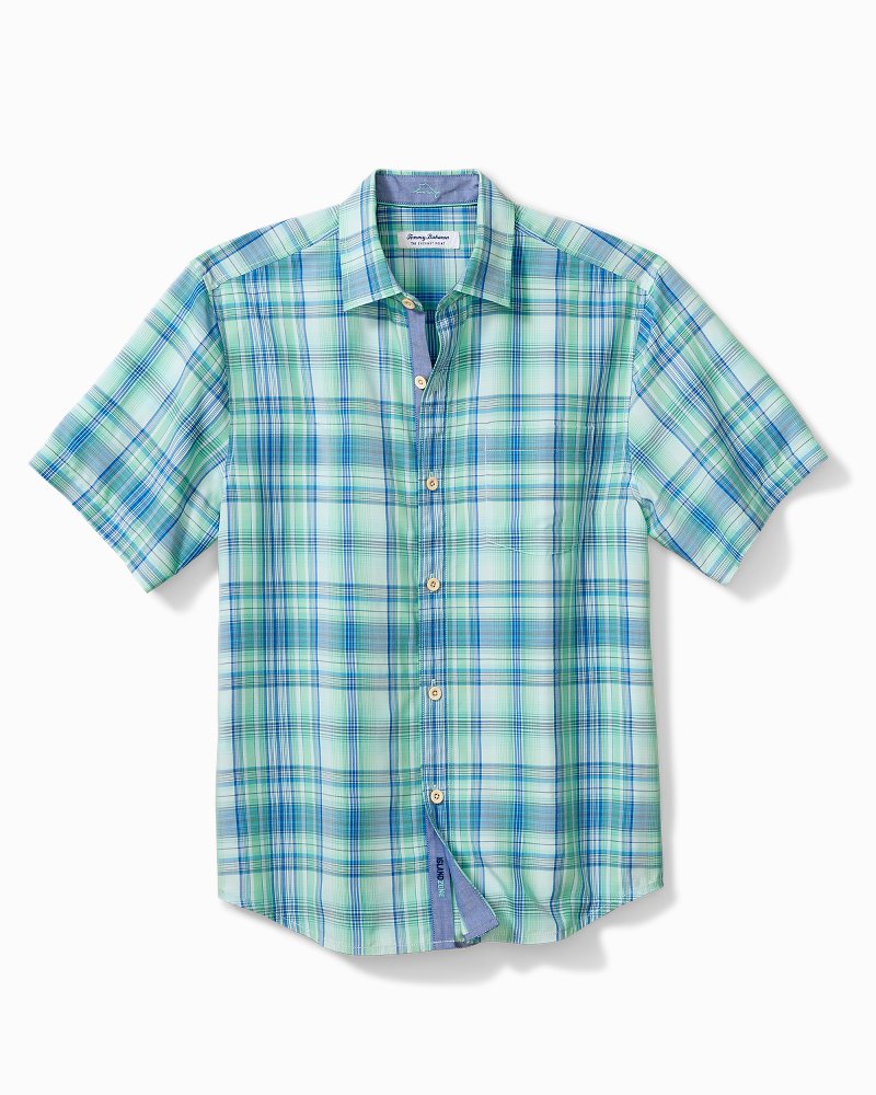 Tommy Bahama Coconut Point Palmetto Plaid Camp Shirt Dark Blue Muse M  023773359625