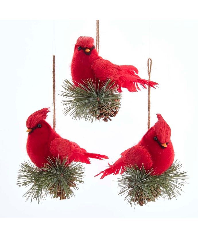 Cardinal With Pinecone And Greenery Ornament (Single) - Random Style