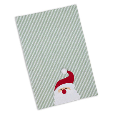 Embellished Santa - Green Ticking Kitchen Towel    