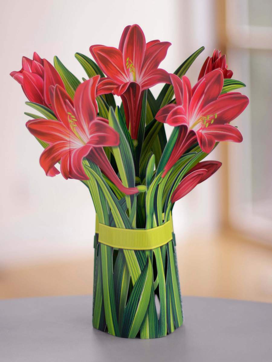 Pop Up Flower Bouquet Greeting Card - Red Amaryllis    