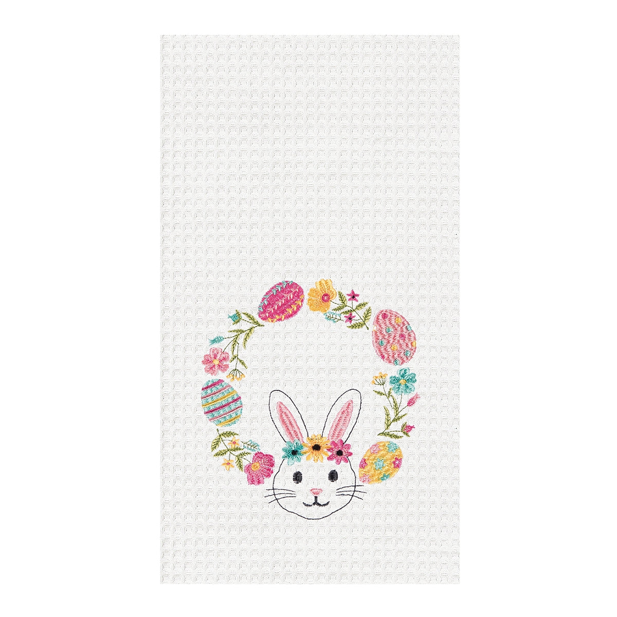 Bunny Egg Wreath Embroidered Waffle Weave Kitchen Towel    