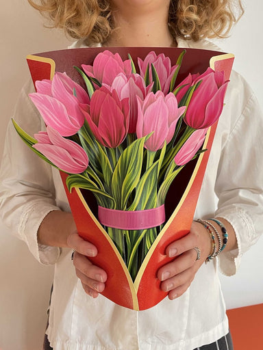 Pop Up Flower Bouquet Greeting Card - Pink Tulips    