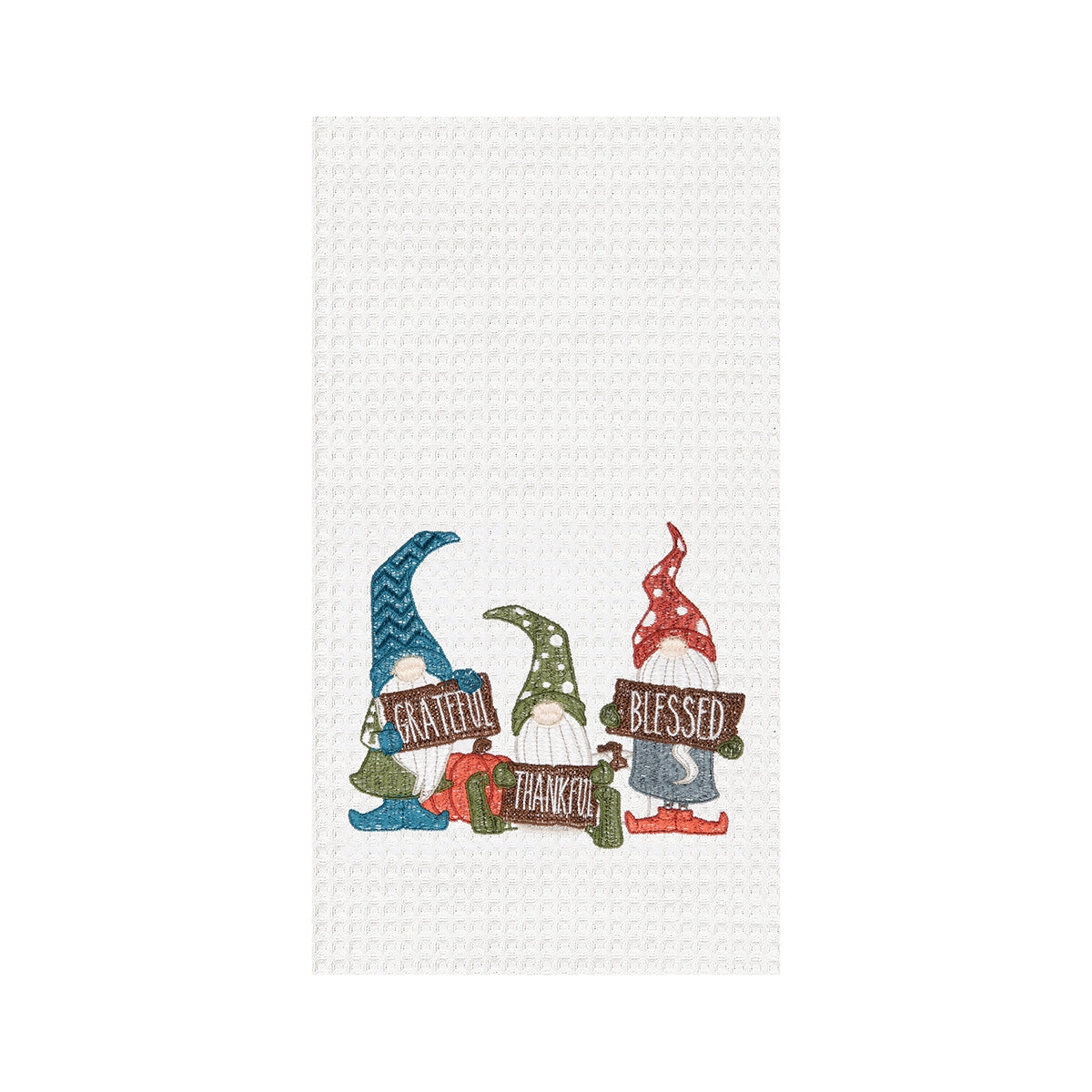 Grateful Thankful Blessed Gnome Trio Waffle Weave Kitchen Towel    